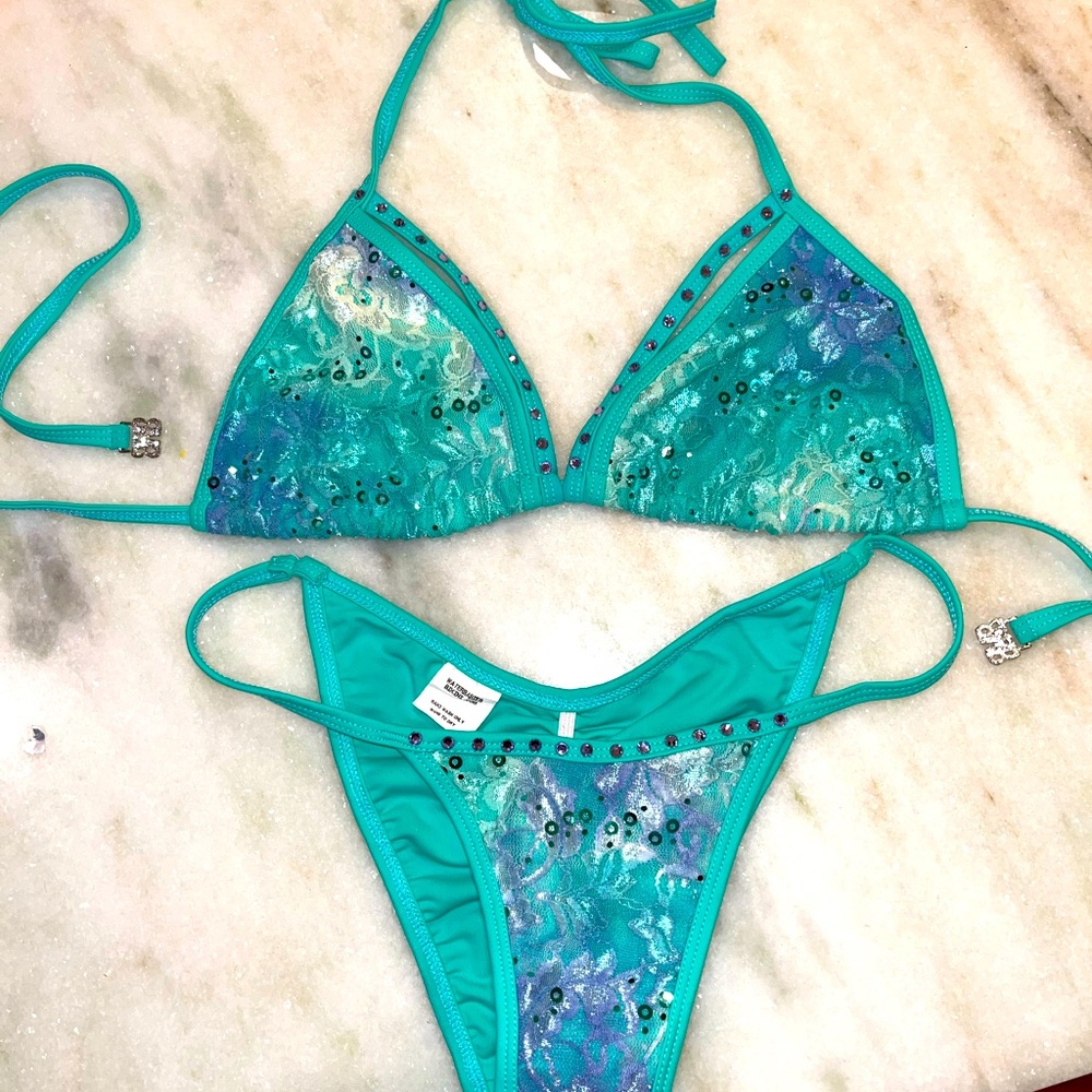 Water Babies Bikini size Small (fits XS) lace overlay teal WaterBabiesBikini.com